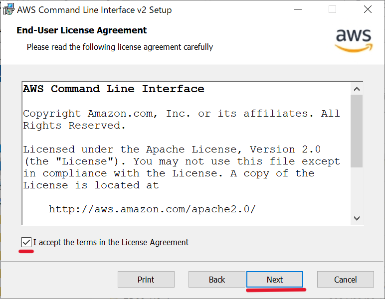The license agreement screen on the Setup Wizard