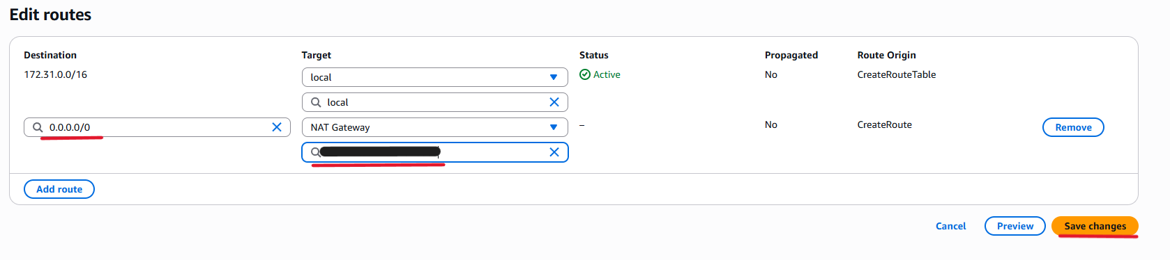 Route table edit screen
