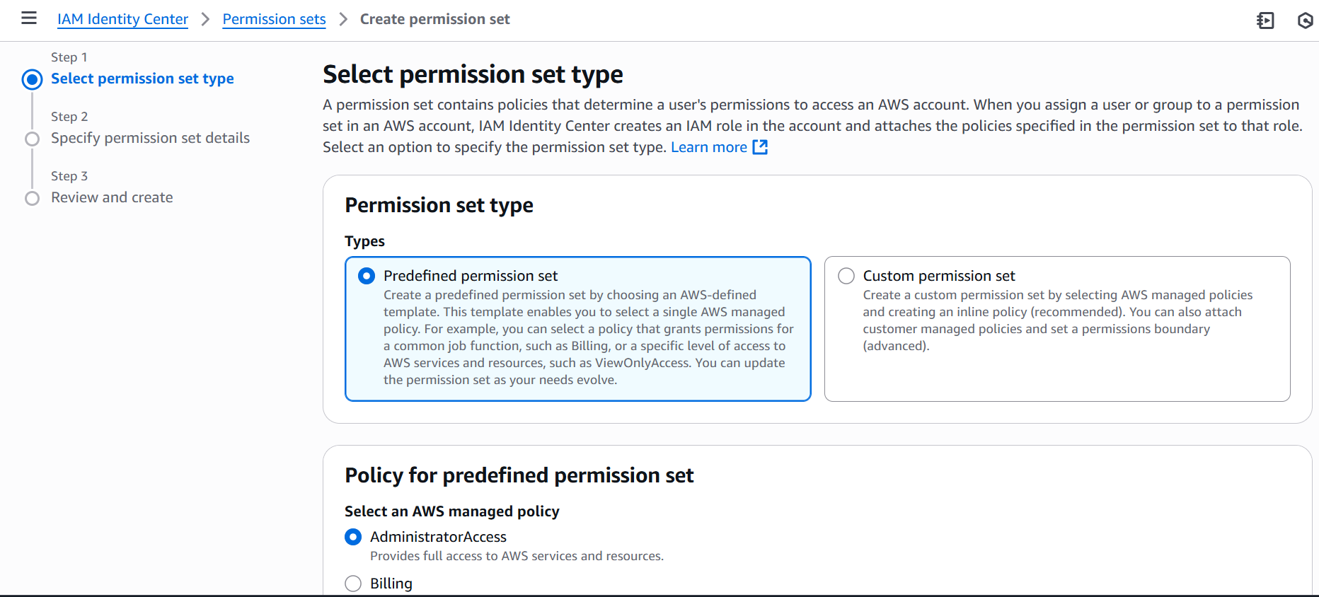 Select permission set type