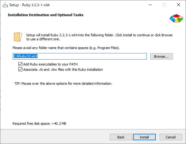 Installation Location and Options Screen